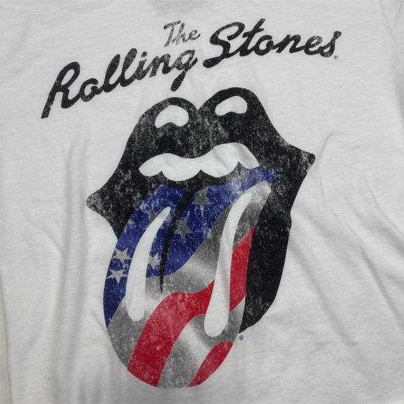 the Rolling Stones Other - The Rolling Stones T-Shirt US Flag Tongue Sz S White Cropped Distressed Edges